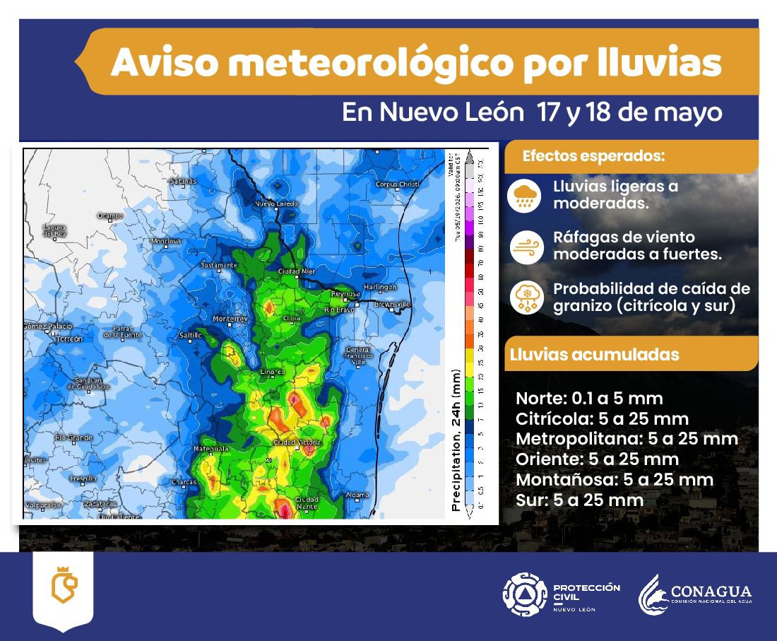 Prevén lluvias y fuertes rachas de viento durante domingo y lunes en NL